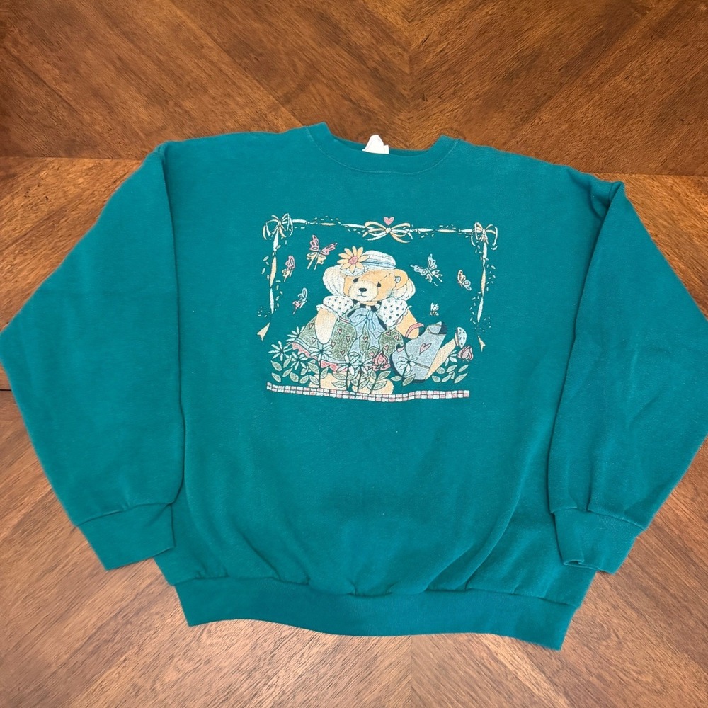 Vintage Nucleus Teal Teddy Bear Gardening Sweatshirt Made in USA L Cottagecore
